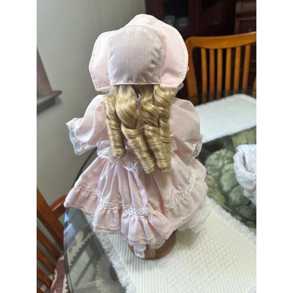 Dynasty Doll Collection Porcelain Doll Blonde Hair Pink Lace Dress 18 Inch